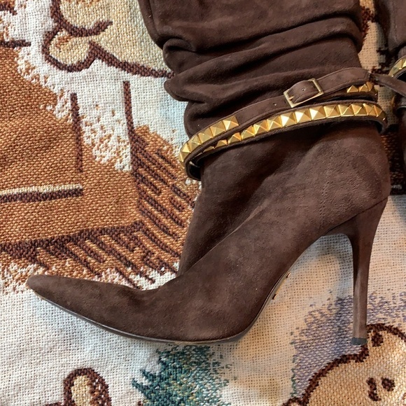 Vintage Iceberg Scrunchy Brown Suede Stiletto Boot gold stud wrap strap heel 8 - Picture 10 of 16